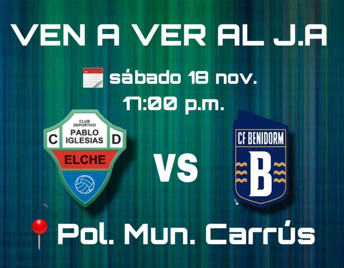 ¡Anima a nuestro Juvenil A! 📣🙌🏼

🆚 <a href="/RCFBenidorm/">CF BENIDORM</a>
🗓️ Sábado 18 de noviembre.
⌛17:00h.
🏟️ Bombonera.

#cdpabloiglesias #Fútbolbase #Elche
