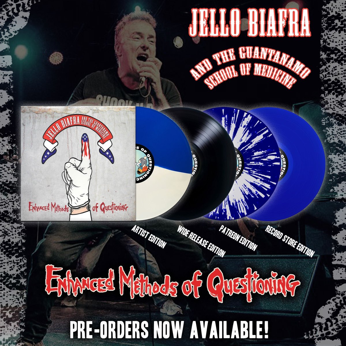 It's baaaaaack!!! The Jello Biafra and the Guantanamo School of Medicine sophomore album, 'Enhanced Methods of Questioning' is coming back in stock with some all new versions! Find them at: buff.ly/3OMAFsS