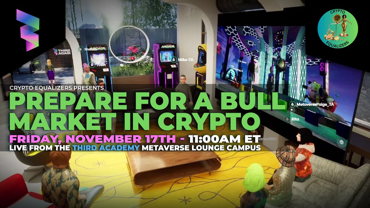 We are LIVE from the Third Academy Metaverse with the ladies from Crypto Equalizers. In today's session, we will be discussing how to prepare for a Bull Market. Click the below link to tunes and feel free to ask any questions in the live chat.
youtube.com/watch?v=CN54M_…