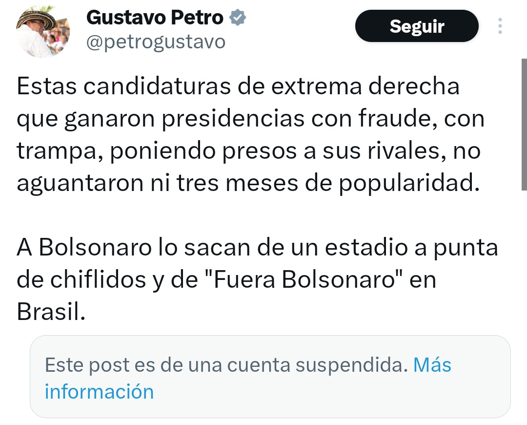 codiguillos's tweet photo. El FUERA PETRO sólo es una reacción natural y No Violenta ante tanto odio que Petro lleva difundiendo por años. 

La pregunta es: ¿por qué el "fuera Bolsonaro" en un estadio de Brasil sí estaba bien y el "Fuera Petro" en el Metropolitano de Barranquilla está mal? https://t.co/RlSgYGejzu