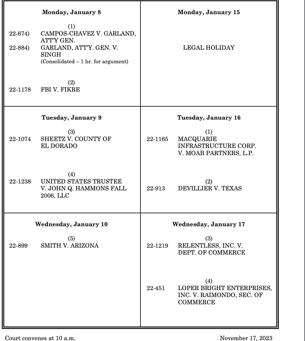 NEW: January #SCOTUS argument calendar. Chevron cases on Jan. 17.