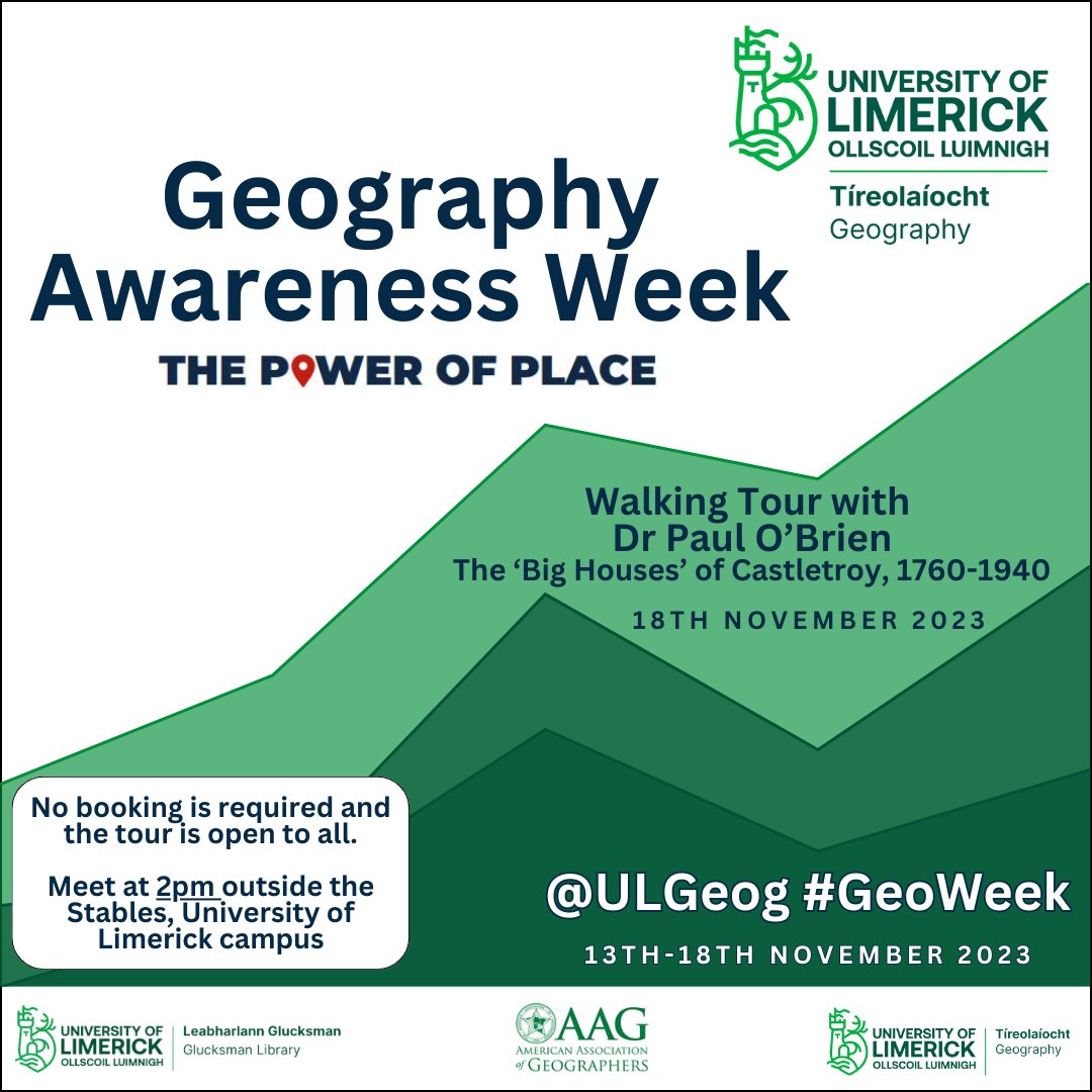 Tomorrow is the 6th & final day of #Geoweek! 

To help us finish our celebrations of all things geography there's a map exhibition (12:30-13:30) @UL_SpecColl @ULLibrary,  & @FearStairLmk is offering a walking tour of the 'Big Houses' of Castletroy (starting 2pm @UL). All welcome!