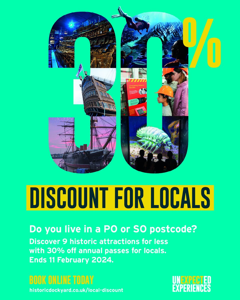 If you have a PO or SO postcode, you can save 30% off Ultimate Explorer tickets and enjoy unlimited visits for the next twelve months to all nine of Portsmouth Historic Dockyard's amazing attractions! Full details can be found at historicdockyard.co.uk/local-discount/