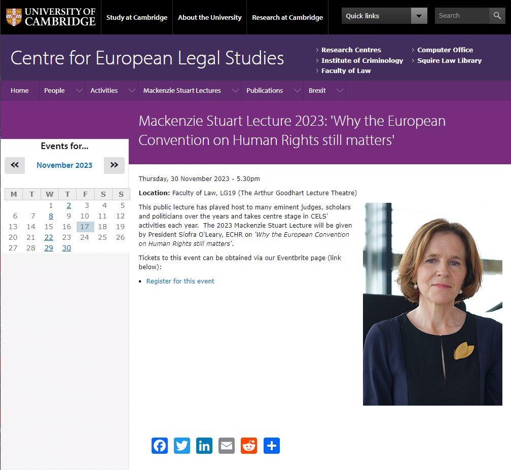 cambridgelaw's tweet photo. Don't miss the @EULegalStudies annual Mackenzie Stuart Lecture on the hot topic 🔥🔥of the day 'Why the European Convention on Human Rights still matters' by President Síofra O'Leary (@ECHR_CEDH) on Thurs 30 November - free booking at: https://t.co/T2UtTN2ie2 #ECHR #HumanRights https://t.co/g1dW3mlcR5