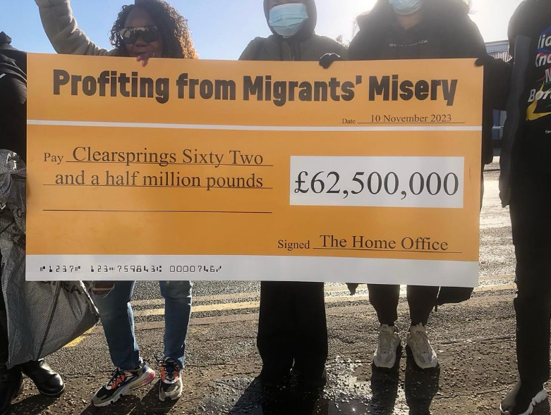 Today we handed over the cheque from Home Office to Clearsprings for their cruelty. Clearsprings is #ClearlyMakingAKilling, profiting £62.5 million last year. The accommodation they provide is deadly costing lives of disabled migrants