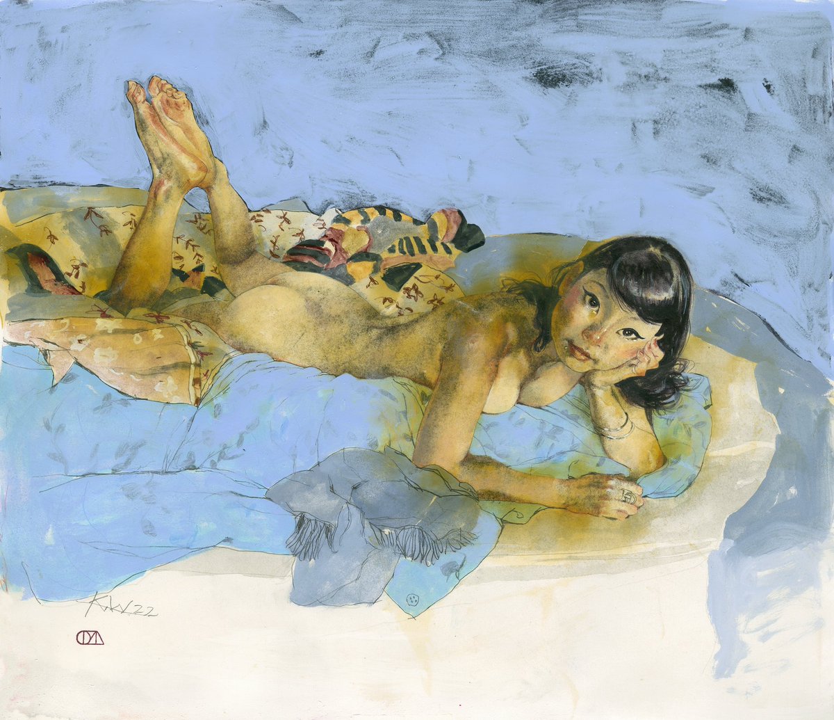 Blue Glamour, watercolor / mixed media on paper, 15" x 17.5" currently on exhibit at EVOKE Contemporary, Santa Fe NM @EVOKABLE