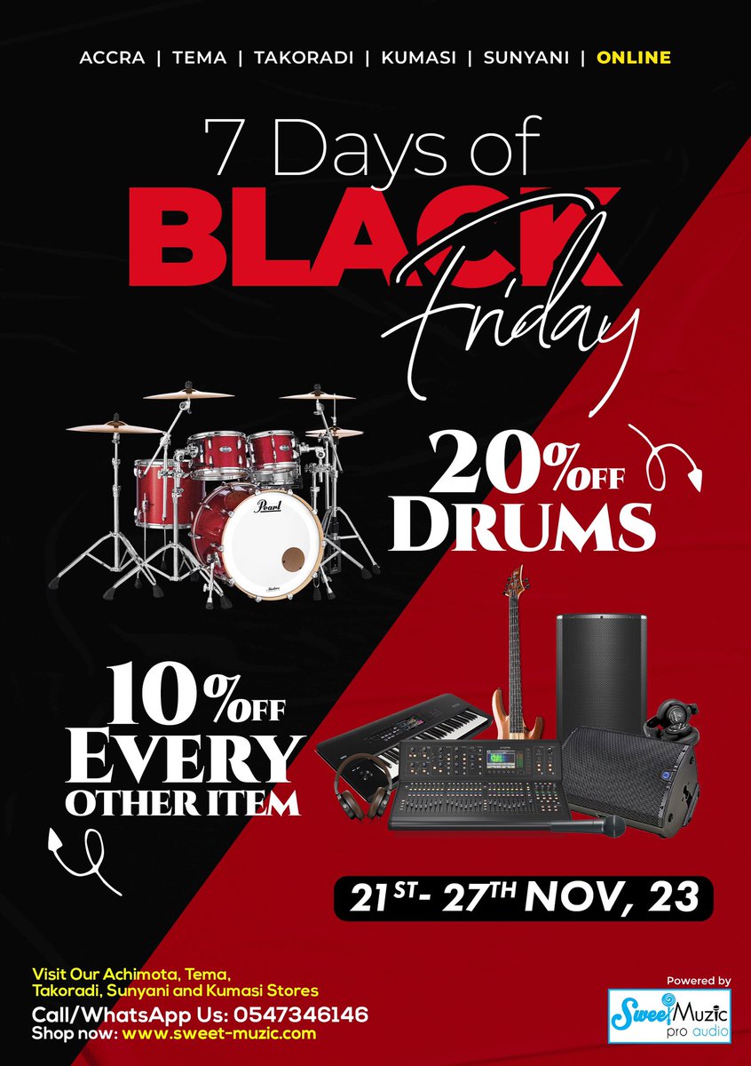 #BLACKFRIDAY at <a href="/sweetmuzicgh/">Sweet Muzic Pro Audio</a> is 7 Days Long 

SHOP BIG 🛒 for a WHOLE WEEK 

GET 20% OFF ALL DRUM SETS 

GET 10% OFF ALL OTHER INSTRUMENTS

in Achimota | Tema | Takoradi | Kumasi | Sunyani | Online

sweet-muzic.com

0547346146 

#HearTheSound