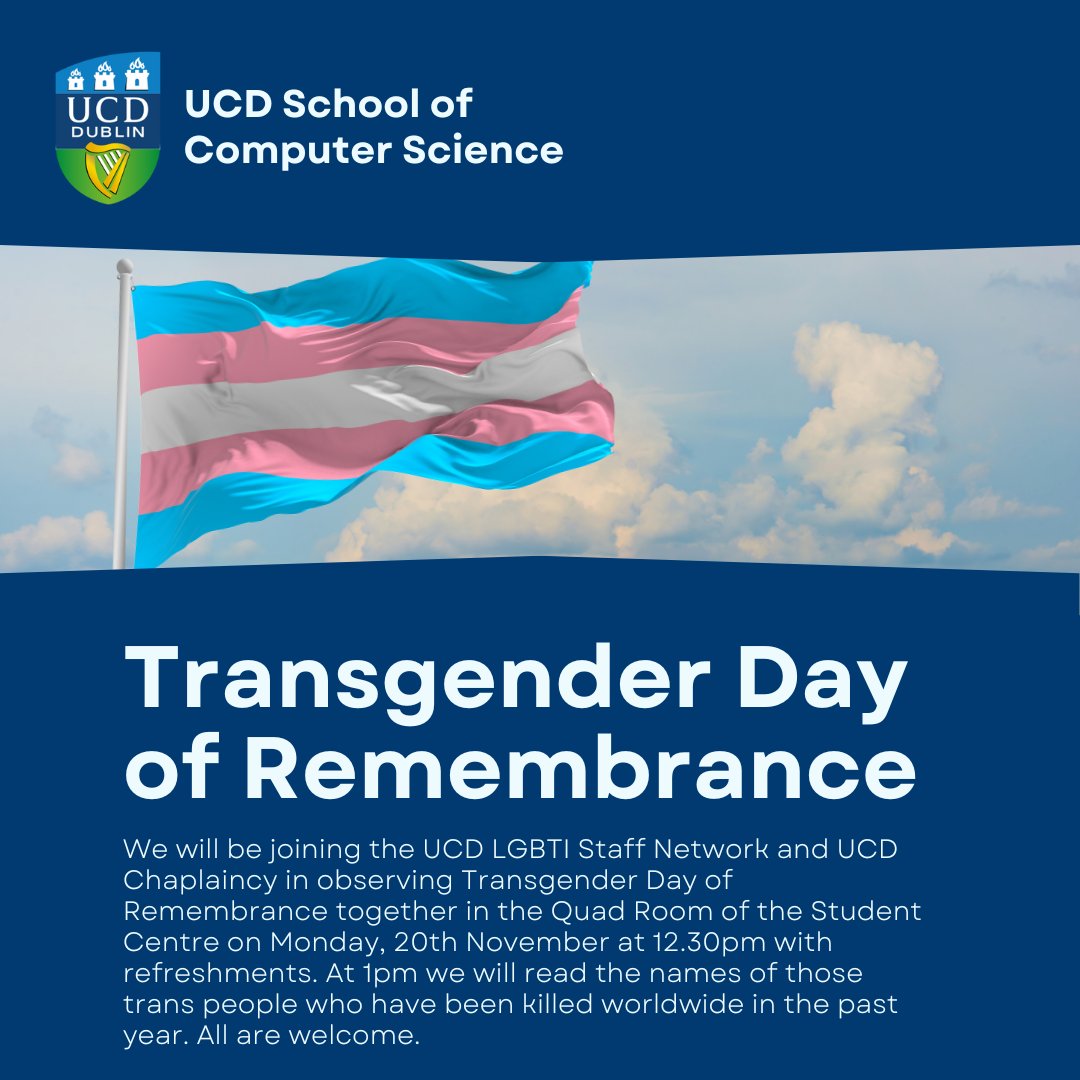 EDIatUCDCS's tweet photo. Next Monday, 20th November, we will be joining staff and students in UCD to observe #TransgenderDayofRemembrance in the UCD Student Centre. We welcome you to join us. https://t.co/VW5bii5PdE