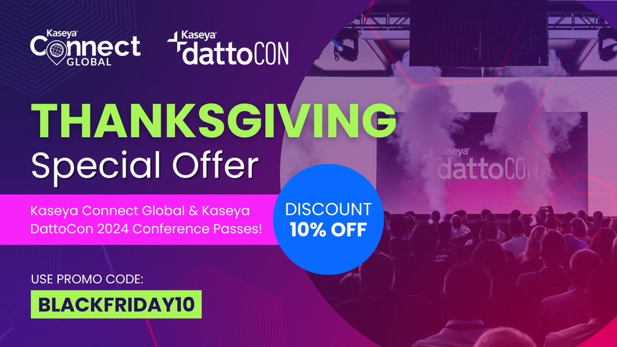 datto's tweet image. ✨ Get ready to revolutionize your IT game! ✨ Join us at #KaseyaConnectGlobal24 or #DattoCon24, two game-changing events that will reshape the industry. 😃
Save 10% on a Conference Pass with code BLACKFRIDAY10. Hurry, this offer ends Nov. 27, 2023! 🎟️ bit.ly/3QAxfcz