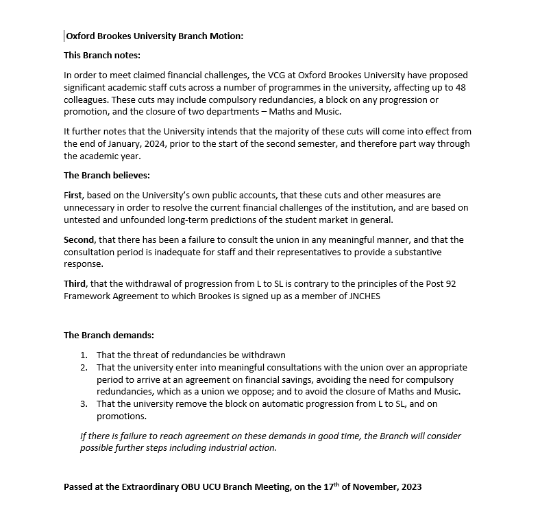 A well attended Branch EGM today voted unanimously (bar 1 abstention) on a motion of no confidence in the @oxford_brookes VC and on the following motion on redundancies and closures @ucu. We contest the financial predictions, the 'consultation' process, and the redundancies.