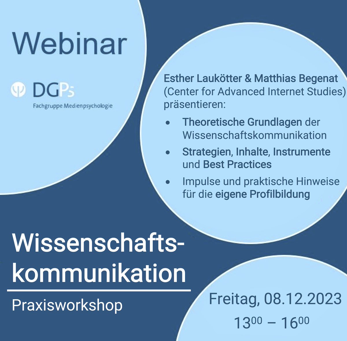 Media Psychology (@dgps_mediapsych) on Twitter photo Wie geht gute Wissenschaftskommunikation? Und sollte ich das als Doktorand*in / Post-Doc machen?
Erfahrt mehr im kostenlosen Webinar „Wissenschaftskommunikation – Praxisworkshop“ am 08.12. (13-16 Uhr) mit @eLauk & <a href="/herr_bege/">@herr-bege.bsky.social</a> (@CAISnrw).
Mehr Infos via dgps.de/fachgruppen/me… Wie geht gute Wissenschaftskommunikation? Und sollte ich das als Doktorand*in / Post-Doc machen?
Erfahrt mehr im kostenlosen Webinar „Wissenschaftskommunikation – Praxisworkshop“ am 08.12. (13-16 Uhr) mit @eLauk & <a href="/herr_bege/">@herr-bege.bsky.social</a> (@CAISnrw).
Mehr Infos via dgps.de/fachgruppen/me…