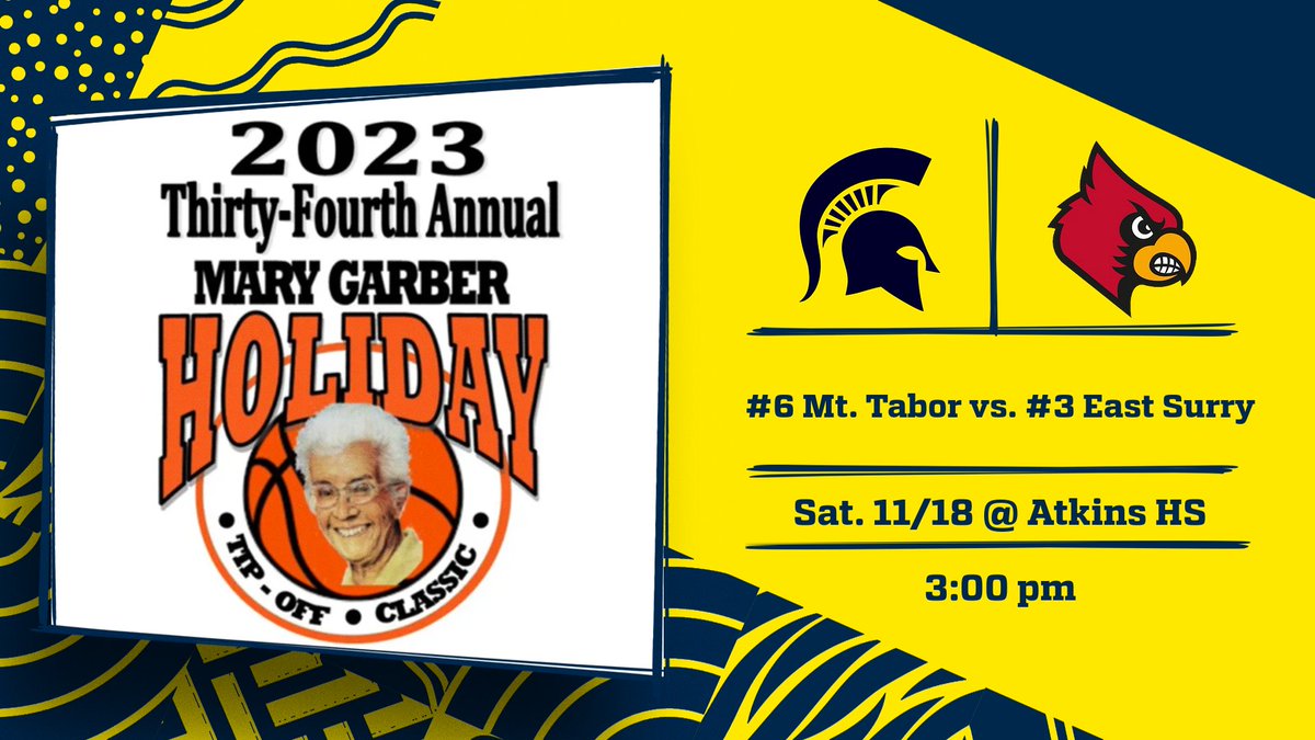 The 2023 Mary Garber Holiday Tip-Off Classic starts Saturday, November 18th. Come support your #6 Mt. Tabor Lady Spartans as they take on #3 East Surry Cardinals at Atkins HS - 3:00 pm.

mt🏀aw