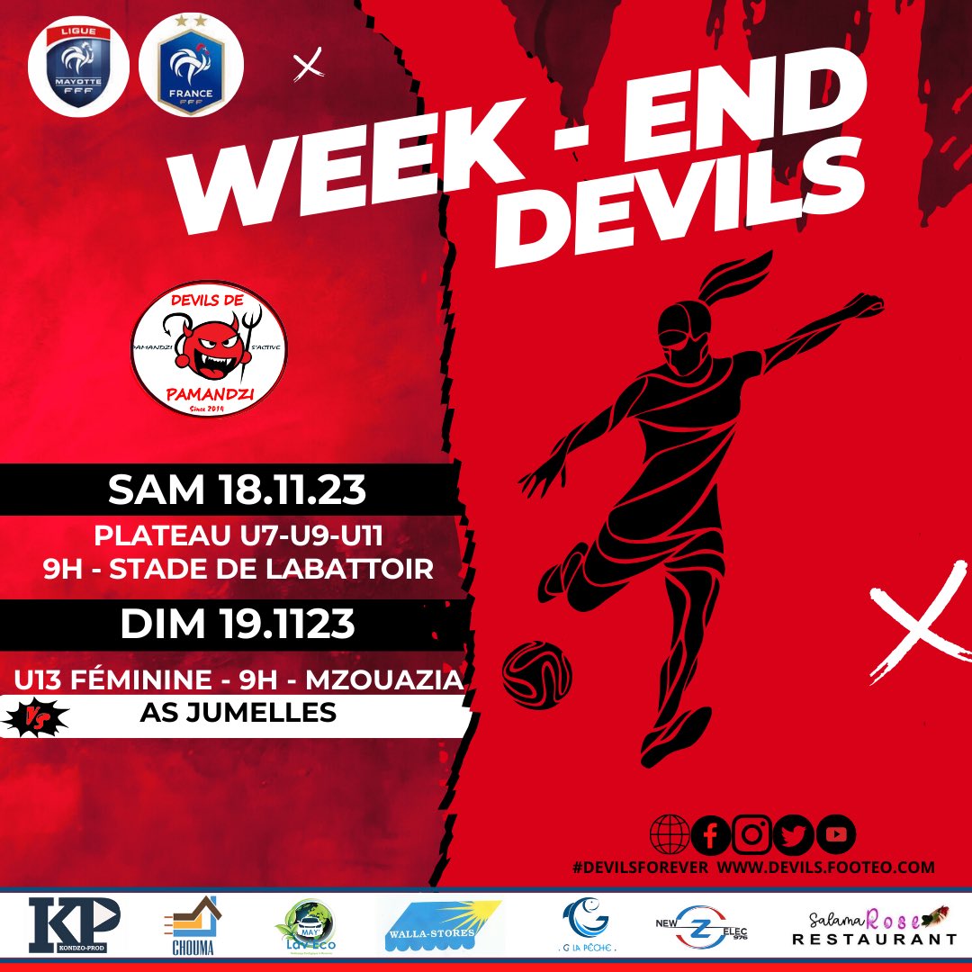 DevilsOfficiel's tweet photo. [WEEK-END DEVILS]

Le programme de nos petites. Nos mini-Devils se déplacent à Labattoir ce samedi.

Nos U13, vainqueurs de la coupe de Mayotte se déplacent à Mzouazia. Moins d’une semaine après les deux équipes se retrouvent en championnat. Bon match les filles.
.
#DEVILSFOREVER https://t.co/1IcXpdDlMW