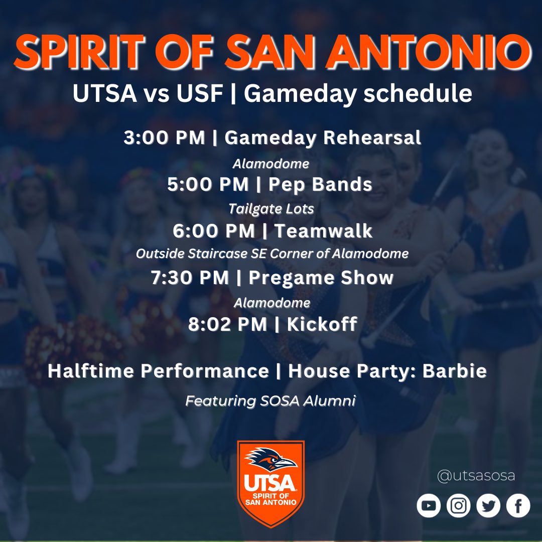 The Spirit of San Antonio gameday schedule! - - - #UTSA # SOSA #UTSASOSA #UTSAFootball #PACKTHEDOME #LetsGo210 #Birdsup #210triangleoftoughness