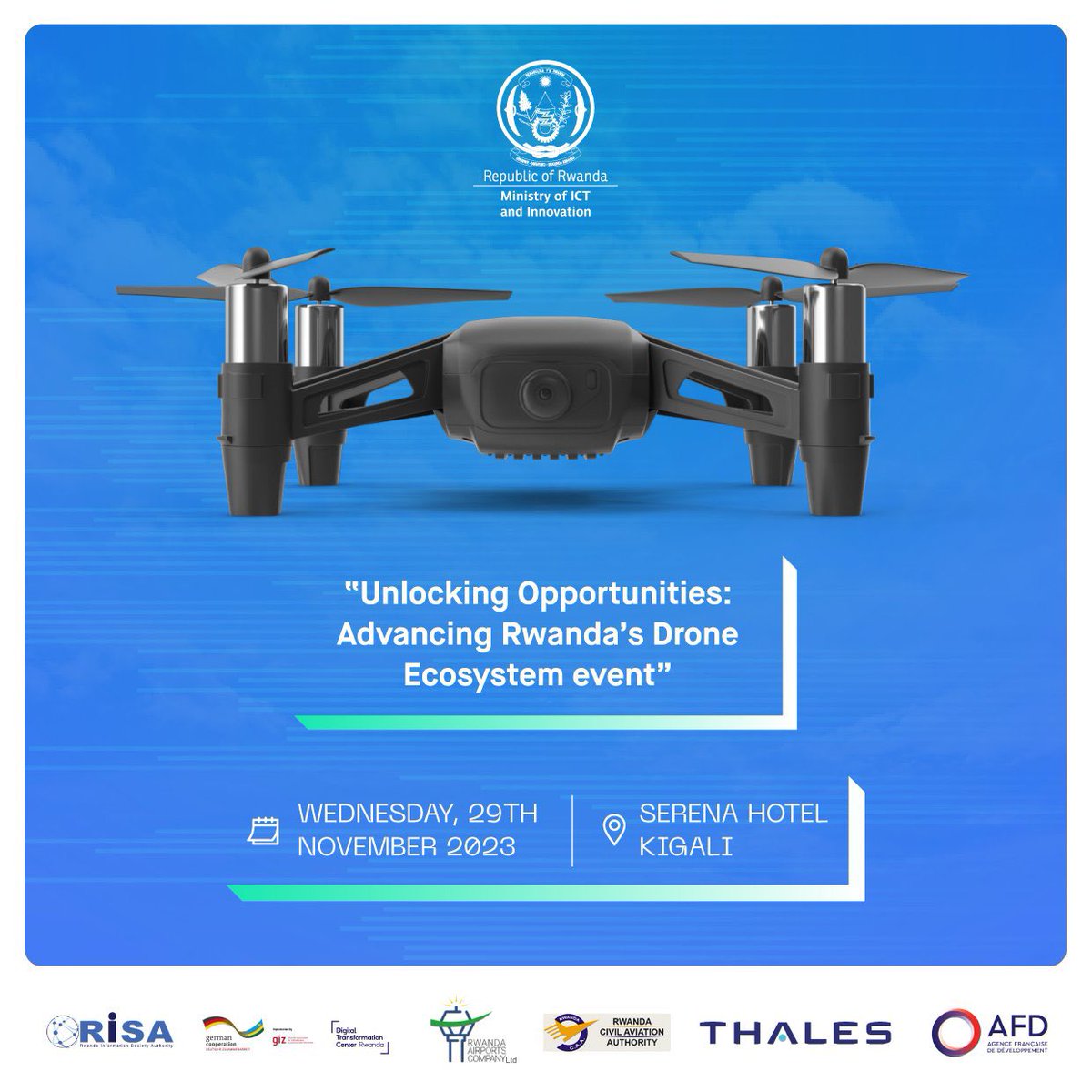 Mark your calendars! 🗓️ 

On November 29th, be part of a pivotal stakeholders' meeting exploring the future of Rwanda's drone ecosystem. Don't miss out! 

#DroneInnovation #RwandaDrones