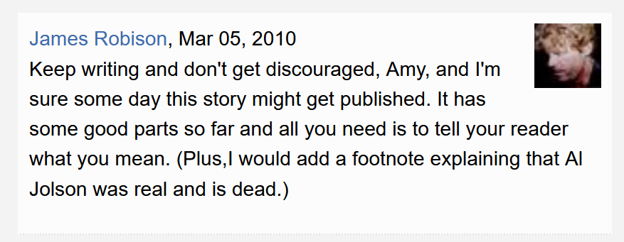 someone posted Amy Hempel's "In the Cemetery where Al Jolson is Buried" on fictionaut, and one of my students found this comment under it 😭