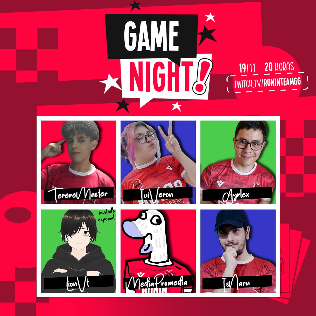 roninteamgg's tweet photo. Te esperamos para pasarla bien con los streamers de Ronin en nuestra Game Night, no te la pierdas!
📺https://t.co/gNRpYOiz36
📅19/11 ⏰20:00 🇵🇾
#WeAreRoninTeam https://t.co/vcRdtPJnIH