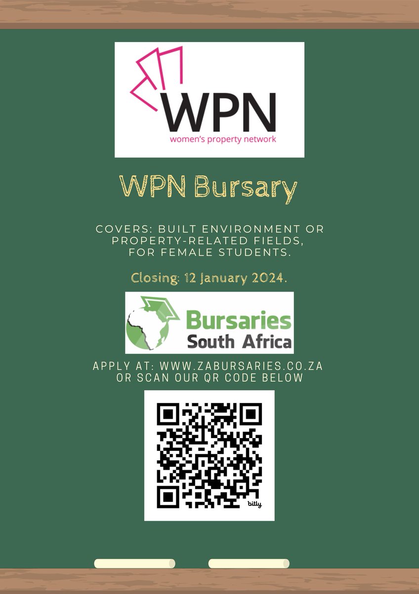 APPLY HERE for the WPN Bursary: bit.ly/WPNBursary

Covers: Built Environment or Property-related field, for female students

Closing: 12 January 2024

#bursary #bursaries #SABursaries #ZABursaries #BursariesSouthAfrica #2024Bursary #WPNBursary #FemaleBursary