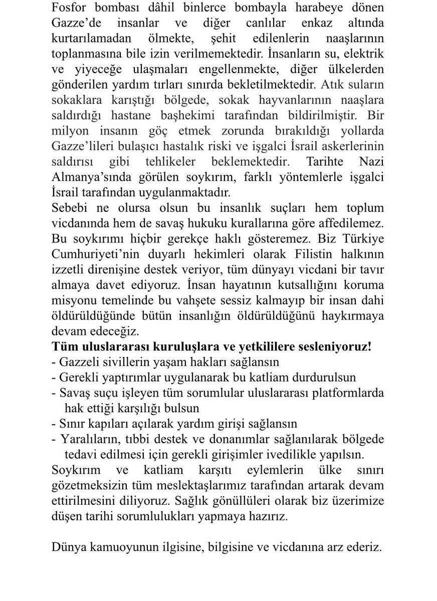 Türk hekimleri olarak İsrail’in yaptığı soykırıma, çocuk katliamına karşı Filistin halkının yanında olduğumuzun bilinmesini istiyoruz.
Sadece 24 saat içinde 2630 Bağımsız Türk hekimi bu bildiriyi imzaladı.
Herkesi saat 20:00da yapacağımız hashtag çalışmasına desteğe bekliyoruz.
