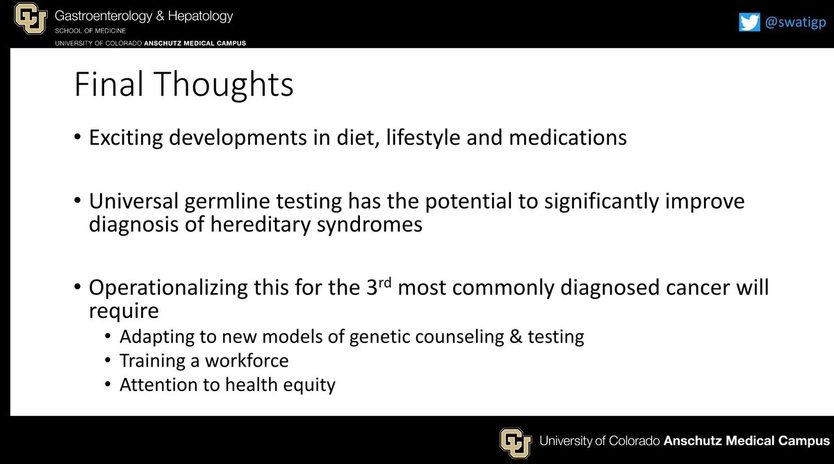 🌟🌟 session @NCCRTnews on 🫒🥙, 🦠, and 🧬s of #CRC. 🙏🏽for opportunity to present updates in CRC genetics ➡️ Universal germline testing of all CRCs: heavy 🏋🏽‍♀️, but 📈 yield ‼️ ➡️ Exiting interventions to ⏬️ risk along cancer continuum