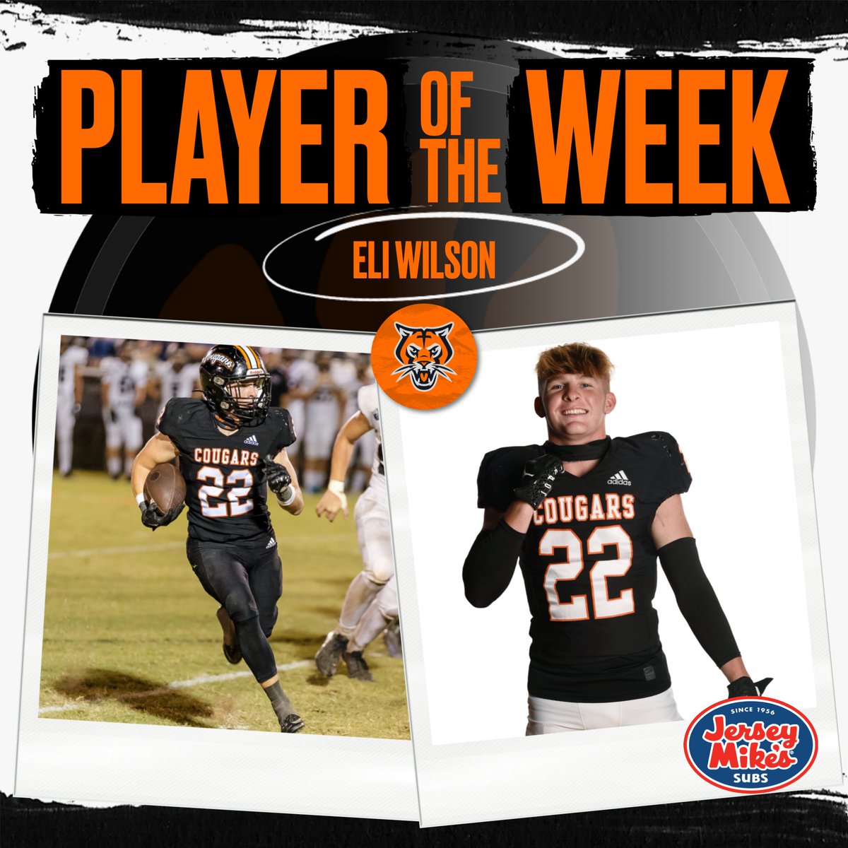 Congrats to Eli Wilson on being named the @jerseymikes Player of the Week!! Eli rushed for 250 yards, 6 touchdowns, and an interception in last Friday's win over FACS!! #GoCougars