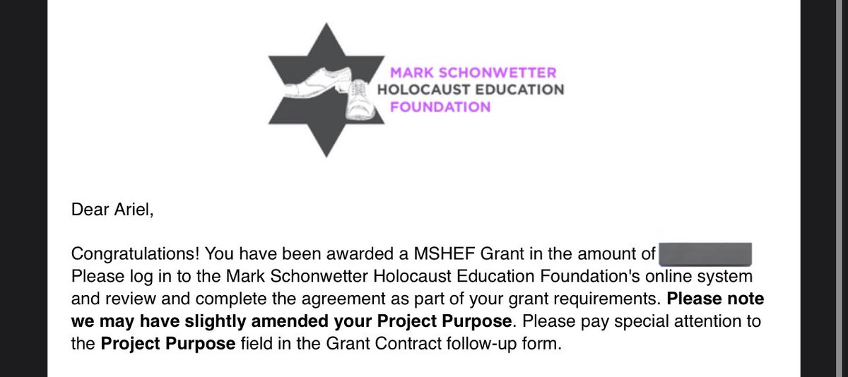 So grateful for the <a href="/mshefoundation/">Mark Schonwetter Holocaust Education Foundation</a> for awarding me a very generous grant to bring @AnneFrankCenter to <a href="/WantaghMiddle/">Wantagh Middle School</a> for a live performance of “Conversations with Anne” for our 8th grade as we read and act out “The Diary of a Young Girl” and learn about the Holocaust. <a href="/MrsHult/">Christine Hult</a>