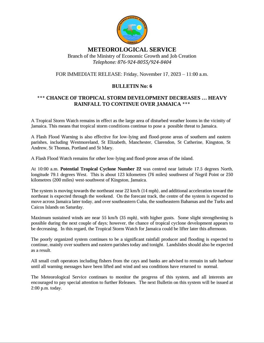 The chance of tropical cyclone development has been decreasing with respect to the area of disturbed weather surrounding Jamaica.  However, the threat of flooding still exists.
@megjc_jm 
<a href="/odp/">A</a>