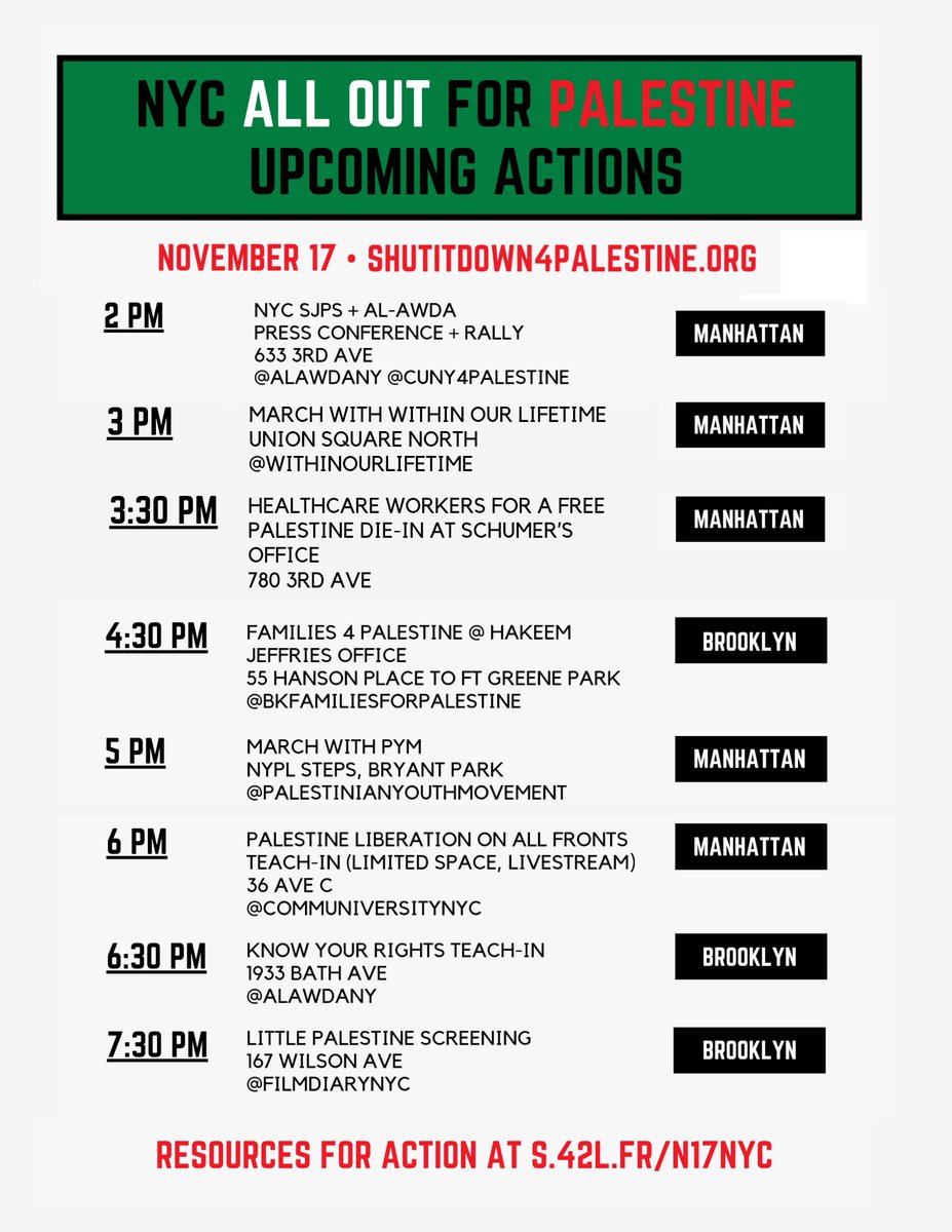 Here's a list of public actions taking place in NYC today in solidarity with the call to shut down business as usual for Palestine this Friday. 

shutitdown4palestine.org

And some resources for hitting the streets with your friends s.42L.fr/N17NYC