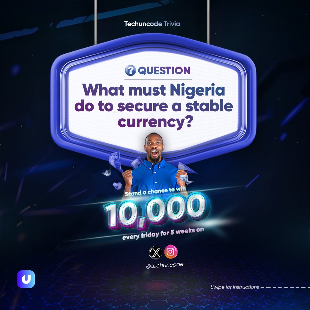 techuncode's tweet image. Techuncode Trivia!
Week 4
According to the article, mention the 3 things Nigeria must do to secure a stable currency?
Swipe to see the instructions.
The correct answer with the most likes by 5pm next Thursday wins. Simple!
#techuncode #TechuncodeTrivia