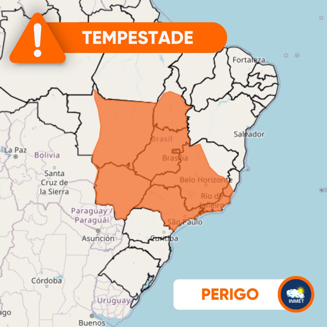 ⚠️ #Atenção: Previsão de tempestade, amanhã (18) e domingo (19), em áreas do TO, MG, ES, MT e em todo o RJ, SP, MS, GO e DF. O volume total de chuva pode chegar a 100 mm em 24h, com ventos de até 100 km/h e queda de granizo. 

🟠 Confira o aviso laranja 👉 alertas2.inmet.gov.br/45485