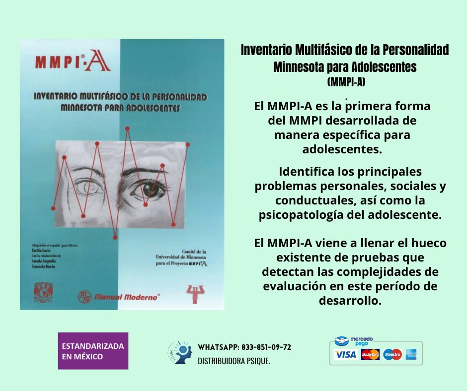 PsiquePruebas's tweet photo. Inventario Multifásico de la Personalidad Minnesota para Adolescentes (#MMPI-A)
Identifica los principales #problemaspersonales, sociales y #conductuales, así como la #psicopatología del #adolescente.
Tienda en Línea: https://t.co/D4z1GjRN2M  
Whatsapp: https://t.co/0wvh3ejypD https://t.co/sLFLVidZVI