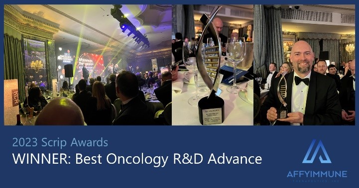 affyimmune's tweet photo. We are thrilled to announce that AffyImmune Therapeutics was selected as the winner of the Best Oncology R&amp;D Advance Award last night at the 2023 Scrip Awards! Congratulations to our full team and thank you all for your hard work and dedication to our mission. #Oncology #CARTcell https://t.co/n5y3QYIF4V