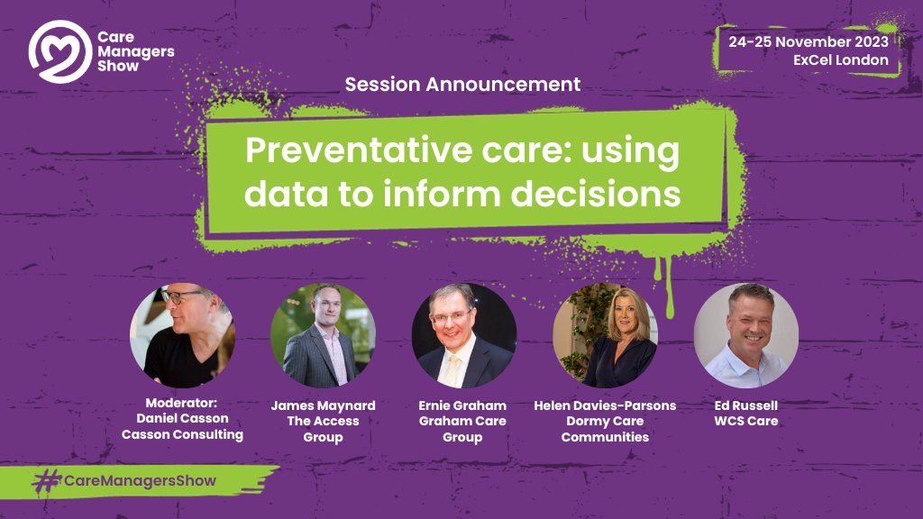 #CareManagersShow session announcement: Preventative care – using data to inform decisions with <a href="/bowlercass/">Daniel Casson</a> <a href="/TheAccessGroup/">The Access Group</a> <a href="/DormyCare/">DormyCareCommunities</a> The Graham Care Group &amp; WCS Care. Book your FREE ticket now: eu1.hubs.ly/H06c1jf0

#care #socialcare #caresector #carehomes #caremanagers