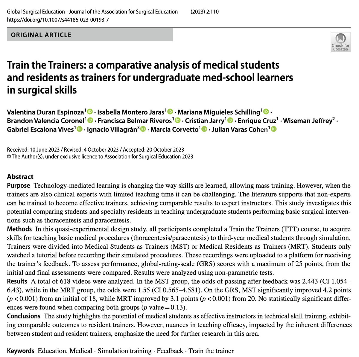 Strategies to scale assessment of #technical #surgical #skills maintaining quality that work. Great manuscript @vduranesp Study with collab between @SimulacionUC and @mcgillsim 👏👏👏 @gaboescvi @GSE_JASE Study: rdcu.be/drjbD