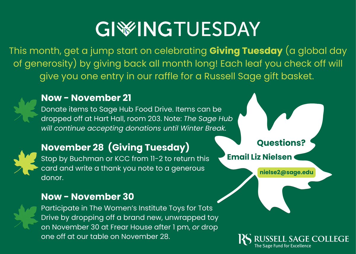 Happy Friday! In a little over a week, we'll be celebrating Giving Tuesday. Be sure to stop by Buchman or KCC on November 28 from 11-2 for some hot chocolate and cookies! AND if you’ve participated in any of these acts of generosity, you’ll also have a chance to enter our raffle!