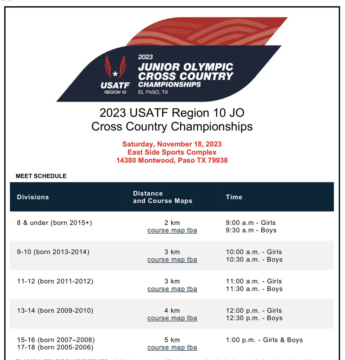 Tomorrow (11/18) <a href="/UsatfBorder/">USATF Border Association</a> hosts the USATF Region 10 JO Cross Country Championships. The best youth runners from <a href="/UsatfBorder/">USATF Border Association</a> <a href="/USATFAZ/">USATF Arizona</a> <a href="/usatfnm/">USATF New Mexico</a> <a href="/USATFColorado/">USATF Colorado</a> will be competing at El Paso’s Eastside Sports Complex. Come check it out!  @ColinDeaverTV <a href="/Fchavezeptimes/">Felix Chavez</a> <a href="/EPRunning/">El Paso Running</a>