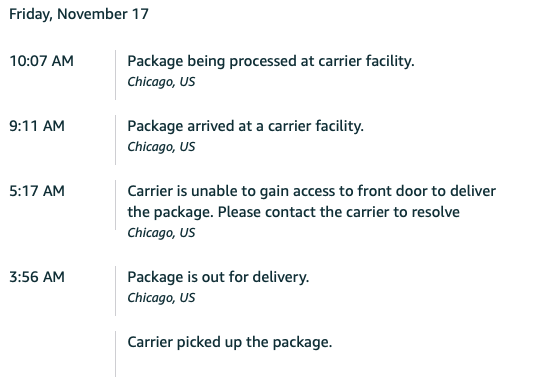 DarylHogg's tweet photo. Seriously @amazon? Couldn't access my front door? I bet the driver never even bothered to try. It's a house on a street. Could have just left it on the porch like every other delivery I get from you. https://t.co/XXGRJDDCKF
