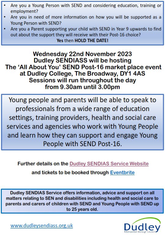 Are you a Young Person with SEND and considering education, training or employment?

Are you in need of more information on how you will be supported as a Young Person with SEND?

Are you a Parent supporting your child with SEND in Year 9 upwards

dudleyci.co.uk/all-about-you-…