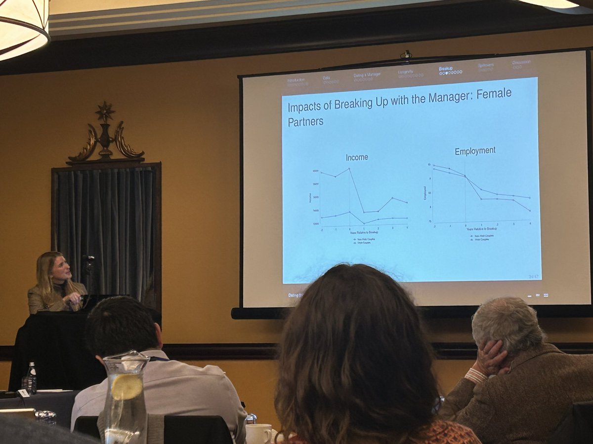 This is indeed an interesting paper focusing on workplace romantic relationships. Paper reports some short term gains (earnings/workplace attachment) & costs post breakup (earnings/ employment) for subordinates dating bosses. Presented by @EmilyNix100 at @nberpubs Org Econ