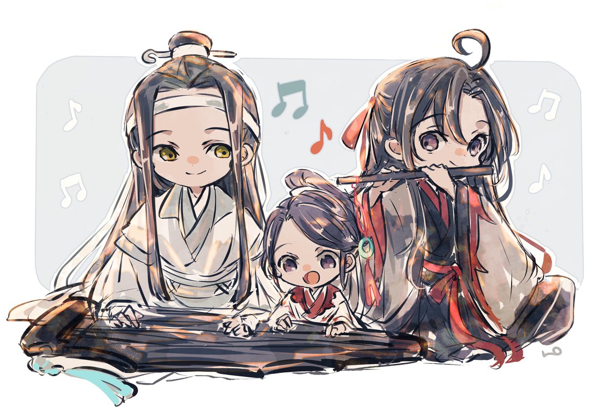 white headband instrument flute multiple boys chinese clothes hanfu long hair  illustration images