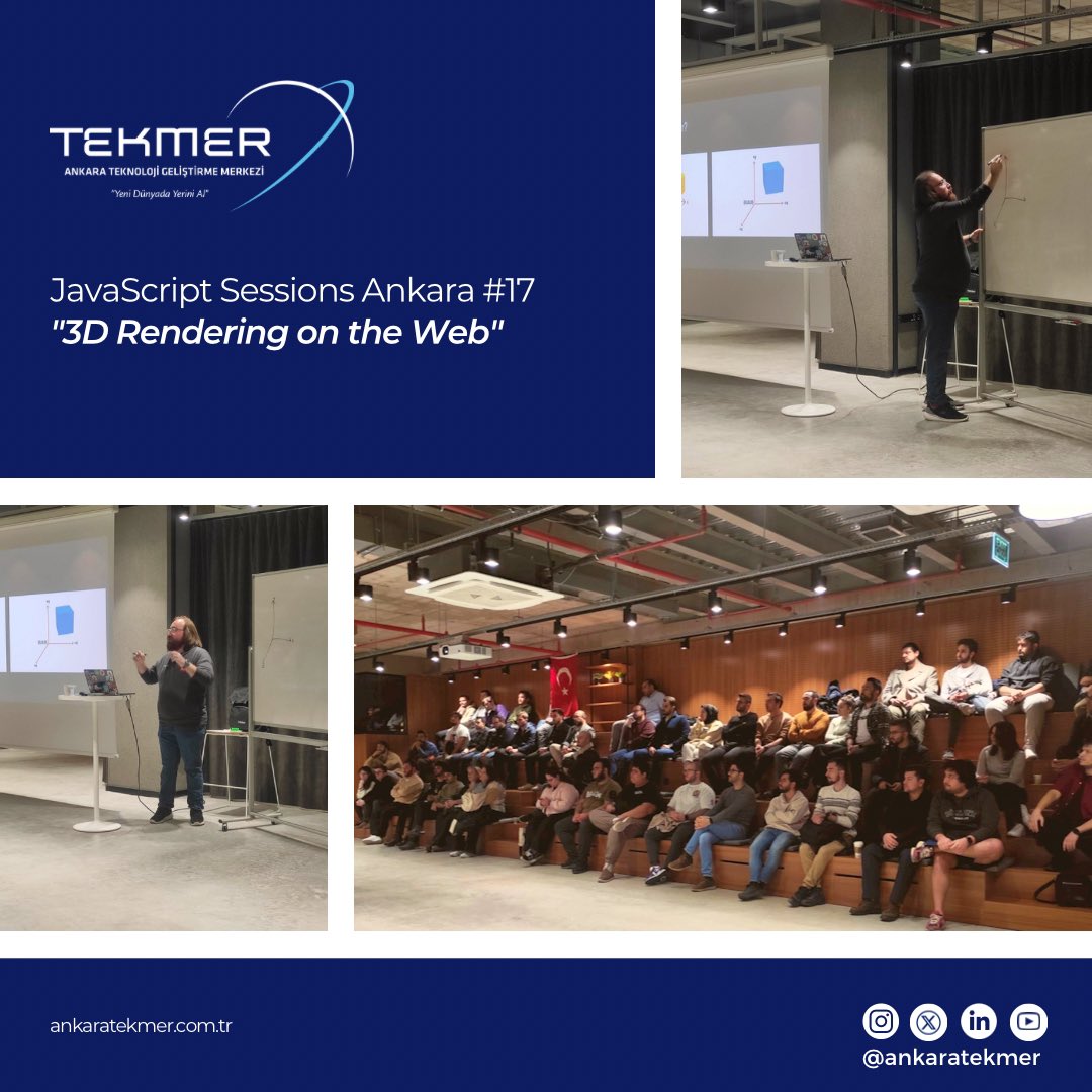 🚀 JavaScript Sessions Ankara’nın etkinliği Cengiz C. Mataracı'nın '3D Rendering on the Web' sunumuyla Ankara TEKMER’de başladı.