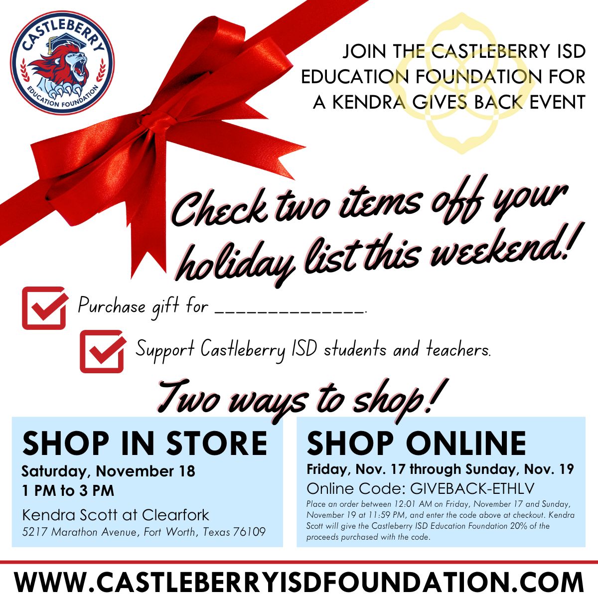 It's that time of year!
Join the Castleberry ISD Education Foundation for a Kendra Gives Back Event. Shop online 11/17-11/19 or in store 11/18 from 1 PM - 3 PM. 
Online Code: GIVEBACK-ETHLV
kendrascott.com
#cisdfoundation #castleberryisd