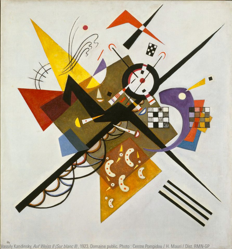 La géométrie percutante de Vassily Kandinsky 📐
Comme sous l'impact de forces centrifuges, les formes aux contours nets et aux angles aigus volent ici en éclats en suivant des lignes diagonales. Seule la forme violette recourbée vers le centre semble amortir ce mouvement.
Pour