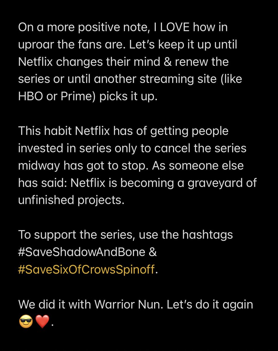 I don’t get upset over series cancellations often but @Netflix canceling Shadow &amp; Bone was such a downer yesterday. The script for the spinoff is already written, the entire cast is fantastic &amp; everyone was onboard🥹💔.

Also:
#SaveShadowAndBone 
#SaveSixOfCrowsSpinoff