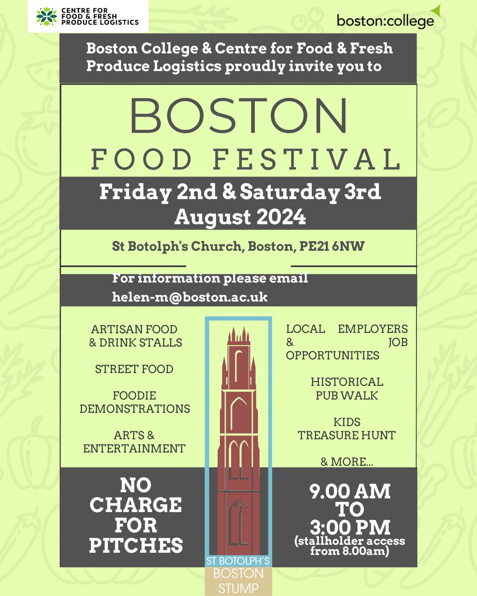 Transported (@transportedart) on Twitter photo Boston College & Centre for Food & Fresh Produce Logistics are looking for traders, street food vendors, and employers, to participate in the Boston Food Festival at St Botolph’s Church on Friday 2nd and Saturday 3rd August 2024!
For information, email helen-m@boston.ac.uk Boston College & Centre for Food & Fresh Produce Logistics are looking for traders, street food vendors, and employers, to participate in the Boston Food Festival at St Botolph’s Church on Friday 2nd and Saturday 3rd August 2024!
For information, email helen-m@boston.ac.uk