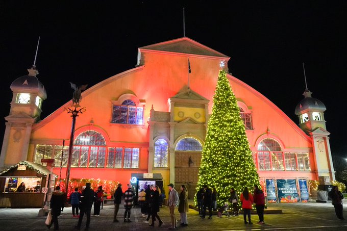 Photo of the Aberdeen Pavilion illuminated in red with a tall lit up tree in the front.
