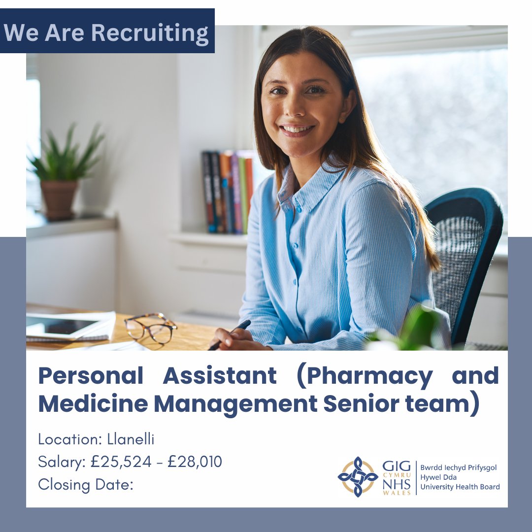 *Personal Assistant (Pharmacy and Medicine Management Senior Team)** Location - Llanelli Salary - £25,524 - £28,010 Closing Date - 04/12/2023 Apply today 👉 hduhb.nhs.wales/working-for-us…) #Recruiting #HywelDdaJobs #Admin #AdminJobs