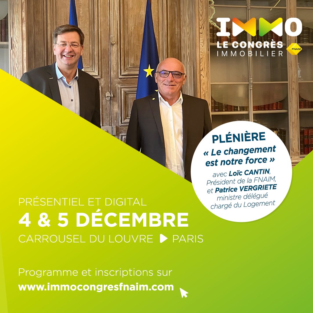#IMMOCongrèsFNAIM2023
🟡 Cette année, nous avons le plaisir d’accueillir <a href="/P_Vergriete/">Patrice Vergriete</a> qui échangera avec Loïc CANTIN <a href="/presidentfnaim/">Loïc Cantin</a> sur la politique du logement à mener pour contrer la crise. Une plénière exceptionnelle à ne surtout pas manquer !
👉bit.ly/3MNyofU
[1/2]