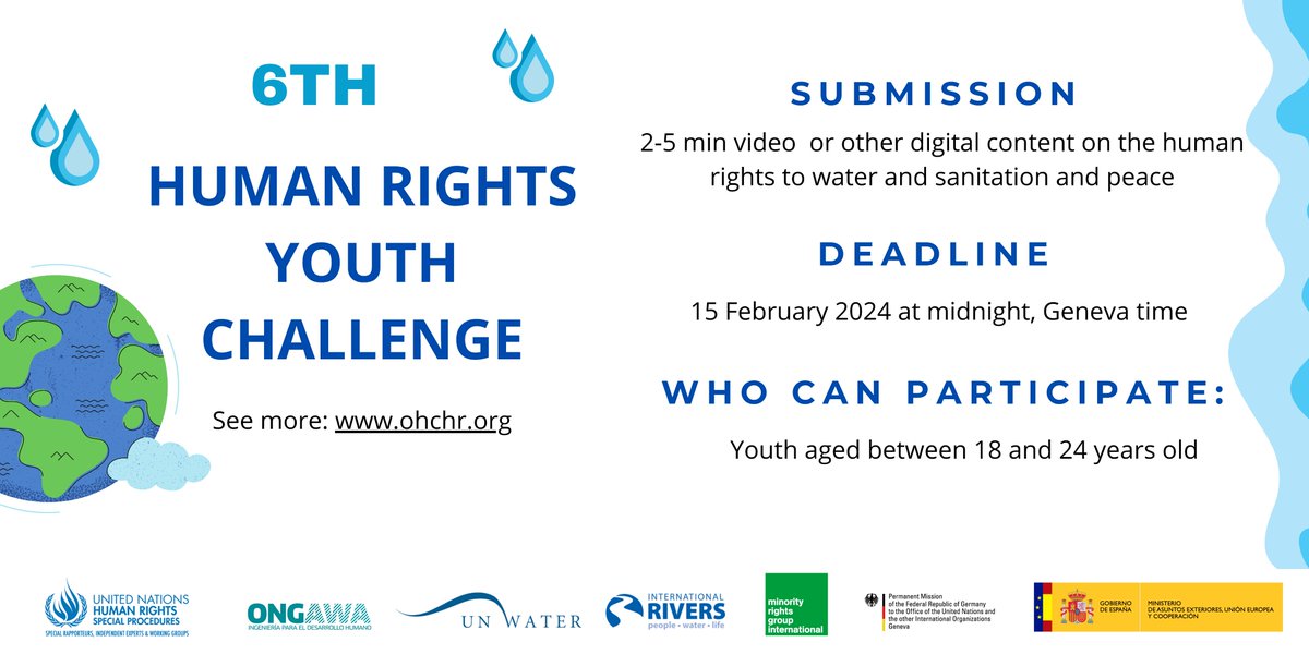 On #WorldToiletDay, I am excited to launch the 6th Human Rights Youth Challenge, together with several partners. 💧The theme is: water as a tool for peace and cooperation. 🗓️Deadline: 15 Feb 2024, 11:59 p.m. CET. More here: ohchr.org/en/special-pro… #Youth4Watsan