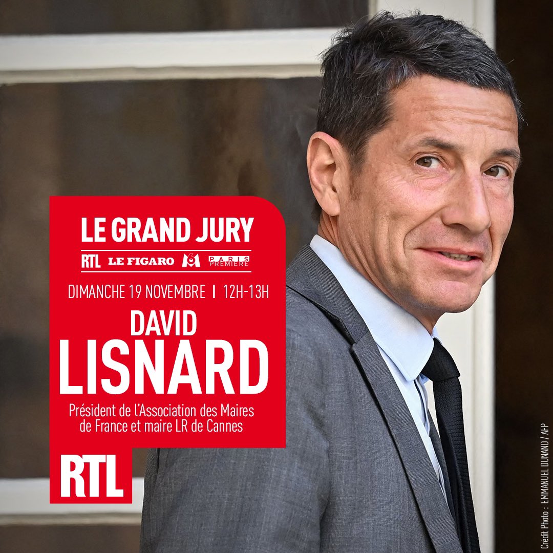 🔴 Le président de l’Association des Maires de France et maire LR de Cannes @davidlisnard sera interrogé par @olivierbost, @paulineB et @ClaireConruyt ce dimanche de 12H à 13H dans « Le Grand Jury #RTL » 📻